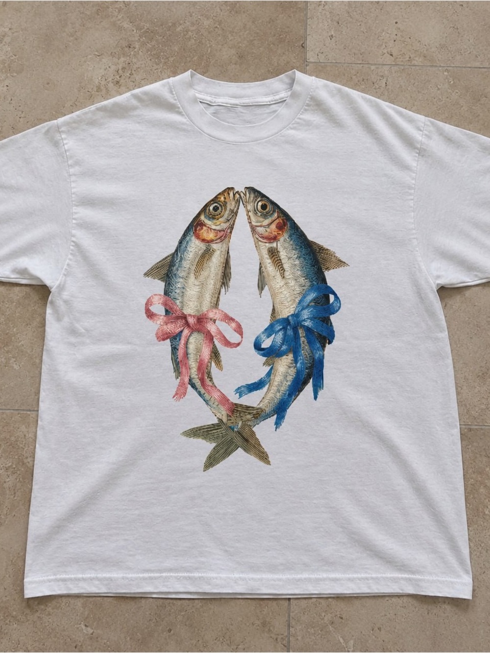 Fish Pair Graphic and Pink & Blue Bows Gildan White Tee